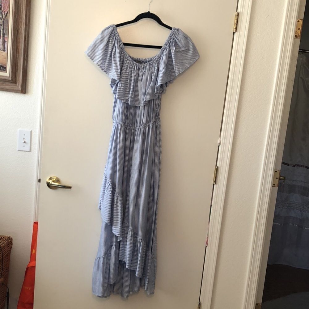 Sans Souci Stripe Off The Shoulder Maxi Dress Size M Blue/white Gently Used